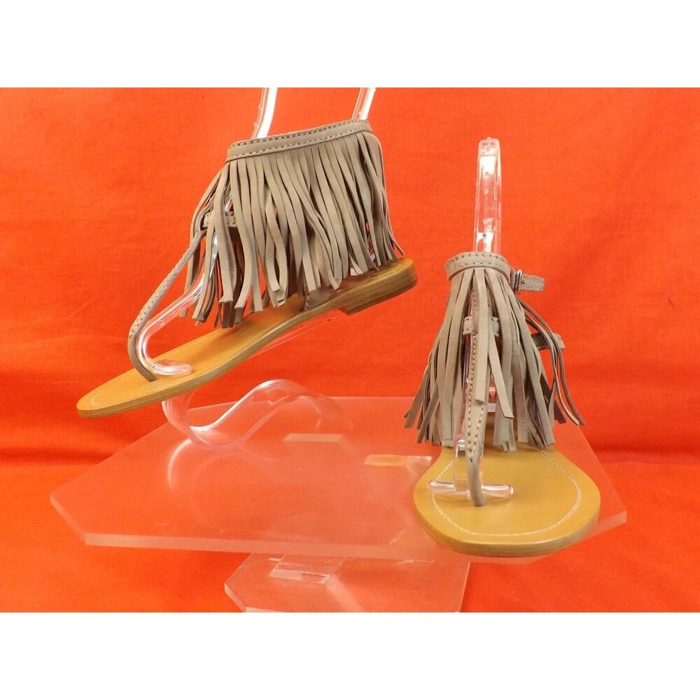 NIB PRADA 1Y703F BEIGE SUEDE FRINGE TRIMMED DOUBLE BUCKLE THONG FLAT SANDALS 36 - Picture 5 of 10